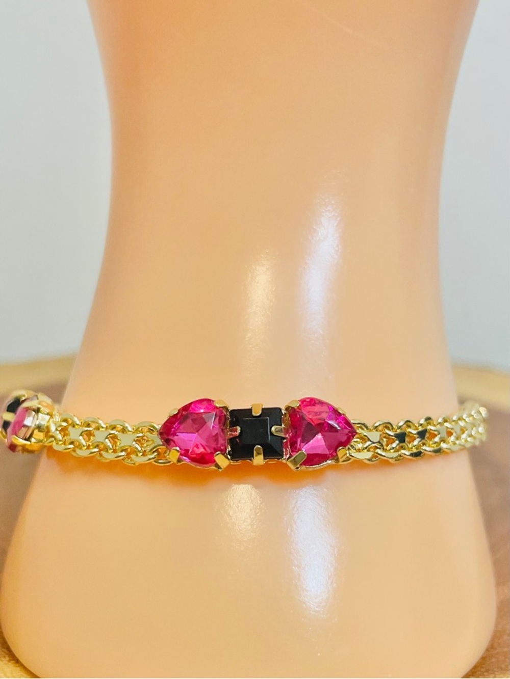 Gold Plated Chain Link Bracelet with Pink Heart and Black Onyx CZ Accents NWOT